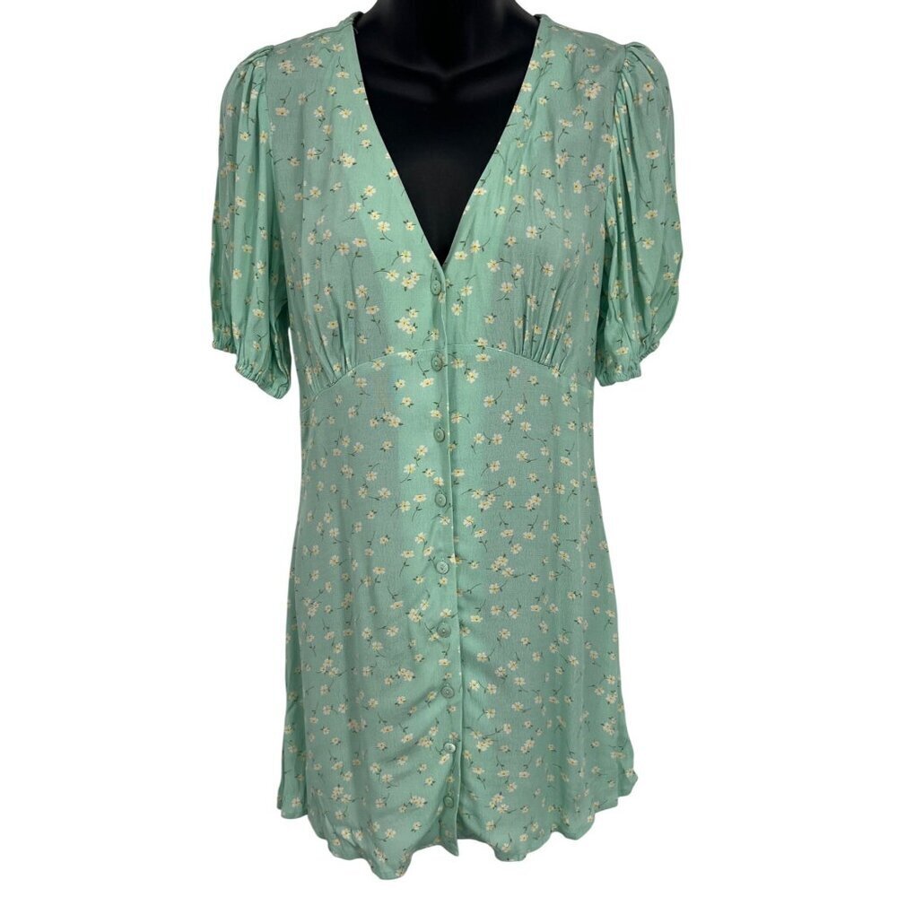 Elodie Womens Floral Button Down V-Neck Dress XS Mint Green Viscose/Rayon